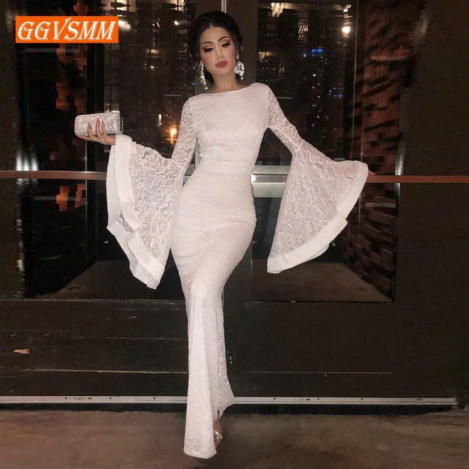 

Stylish Women Ivory Lace Mermaid Evening Dresses 2019 Evening Gowns Long Scoop Full-Sleeve Floor Length Lady bodycon Party Dress