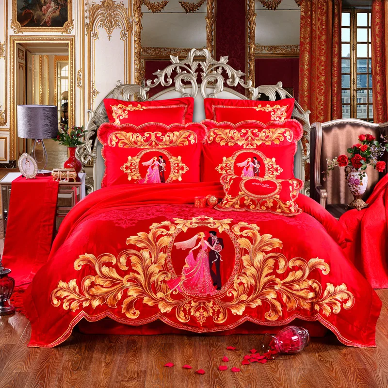 

4Pcs Red wedding embroidery Bedding set King Queen Size Royal Palace Bed Set Duvet Cover Bed Sheet Pillowcases