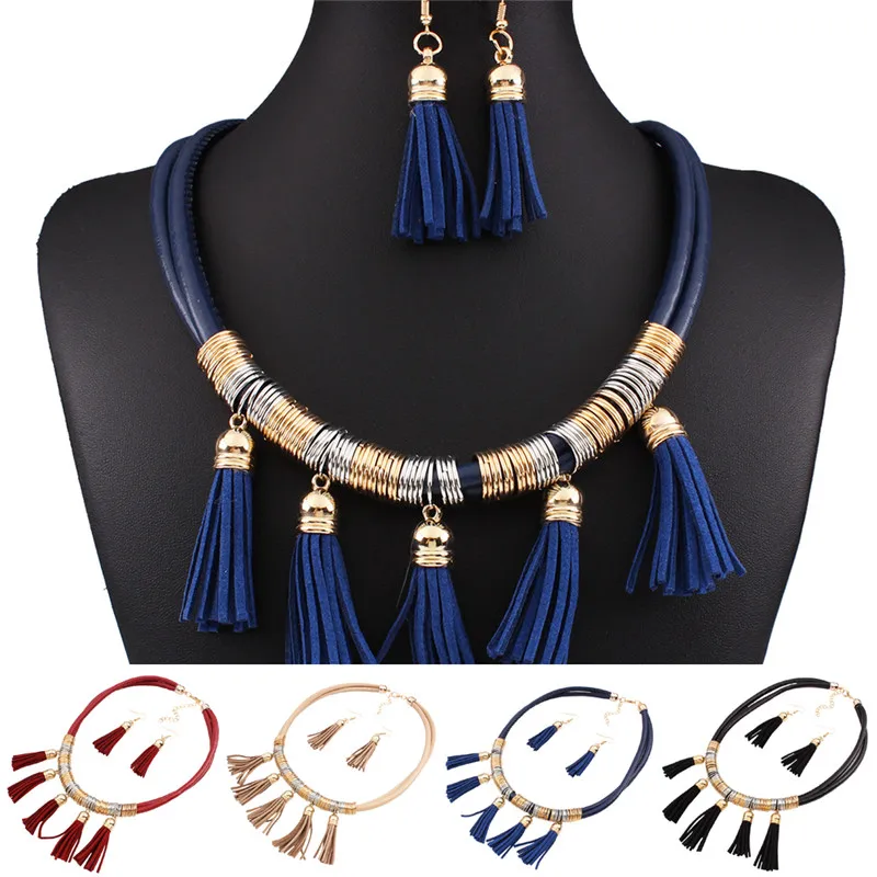 New Leather Tassel Necklace and Earring Set For Weddings Tassel African Jewelry Sets Fashion Statement Necklaces Party Wear