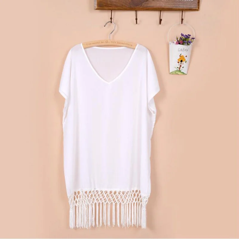

2017 Casual Summer Sexy Beach Dress With Tassels Pareo Beachwear Sexy Tassel White Chiffon Swimsuit Dress Swimwear W1 New