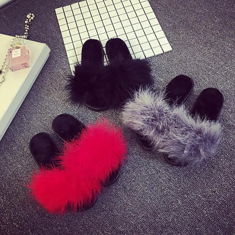

2018 NEW Sweet Sexy Women's Fur Fluffy Slip On Sandals Feather Slippers Flip Flops Summer flat shoes
