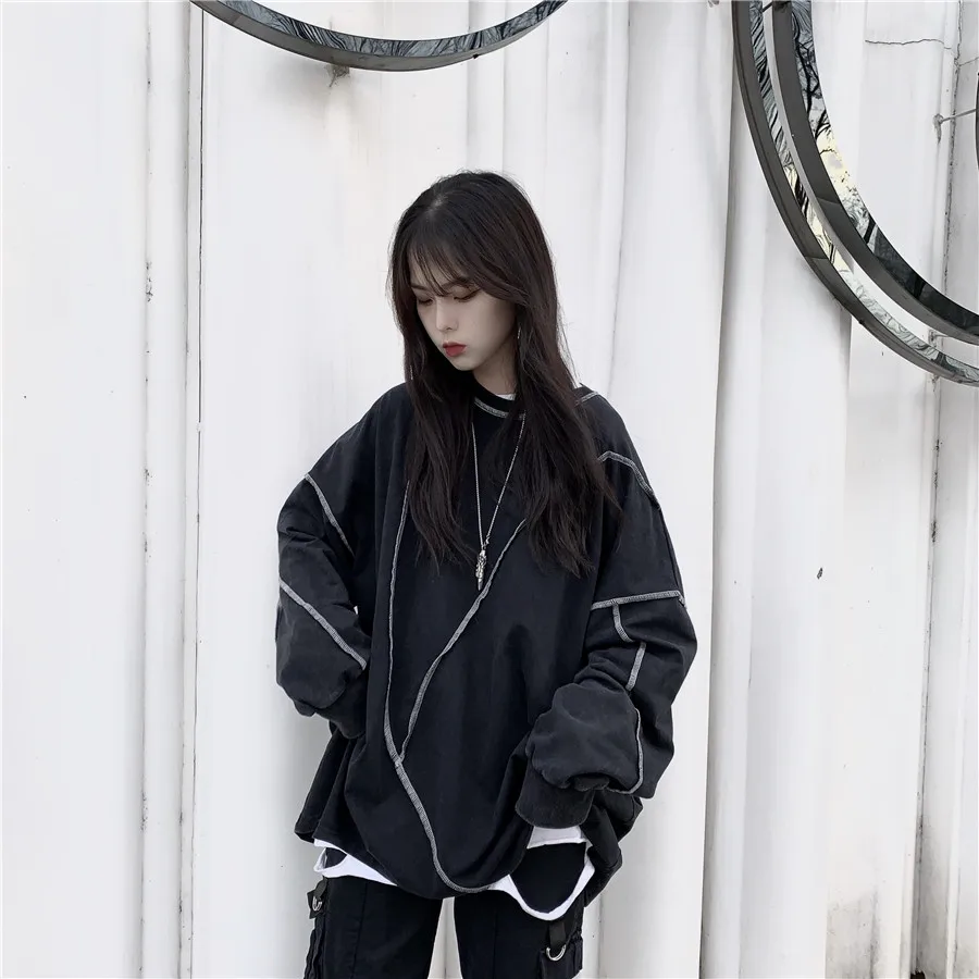 Корейский Ulzzang Твердые негабаритных толстовки для женщин Harajuku Kpop одежда Японская уличная одежда с длинным рукавом друзья Толстовка черный