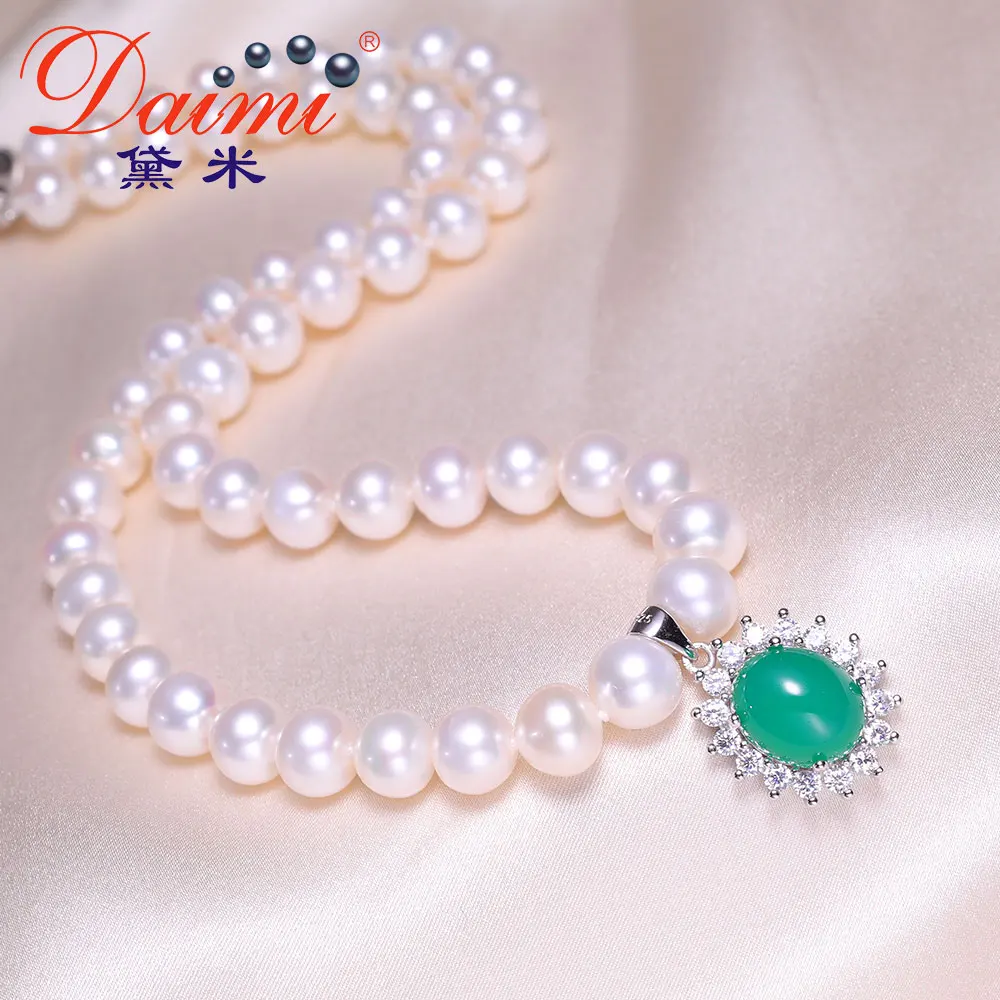

DAIMI Nearly Round Pearl Necklace 925 Silver Necklace 8-9mm Freshwater Pearl Necklace Gift For M