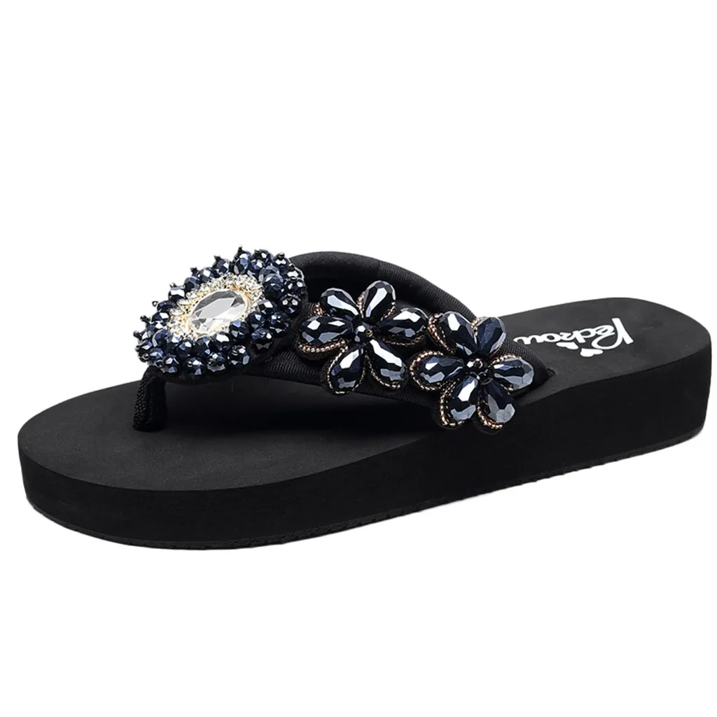 

Women Ladies Girls Solid Wedges Crystal Flip Flops Sandals Slippers Beach Shoes Thick-Soled Wear-Resistant Flower Slipper Mar 13