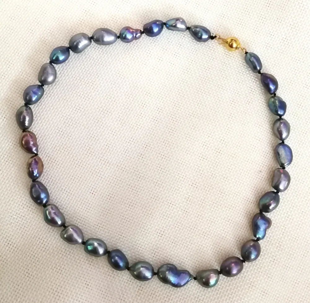 

17 inch 43cm necklace 11mm black blue gray purple baroque pearl Jewelry gold clasp Real cultured freshwater pearl