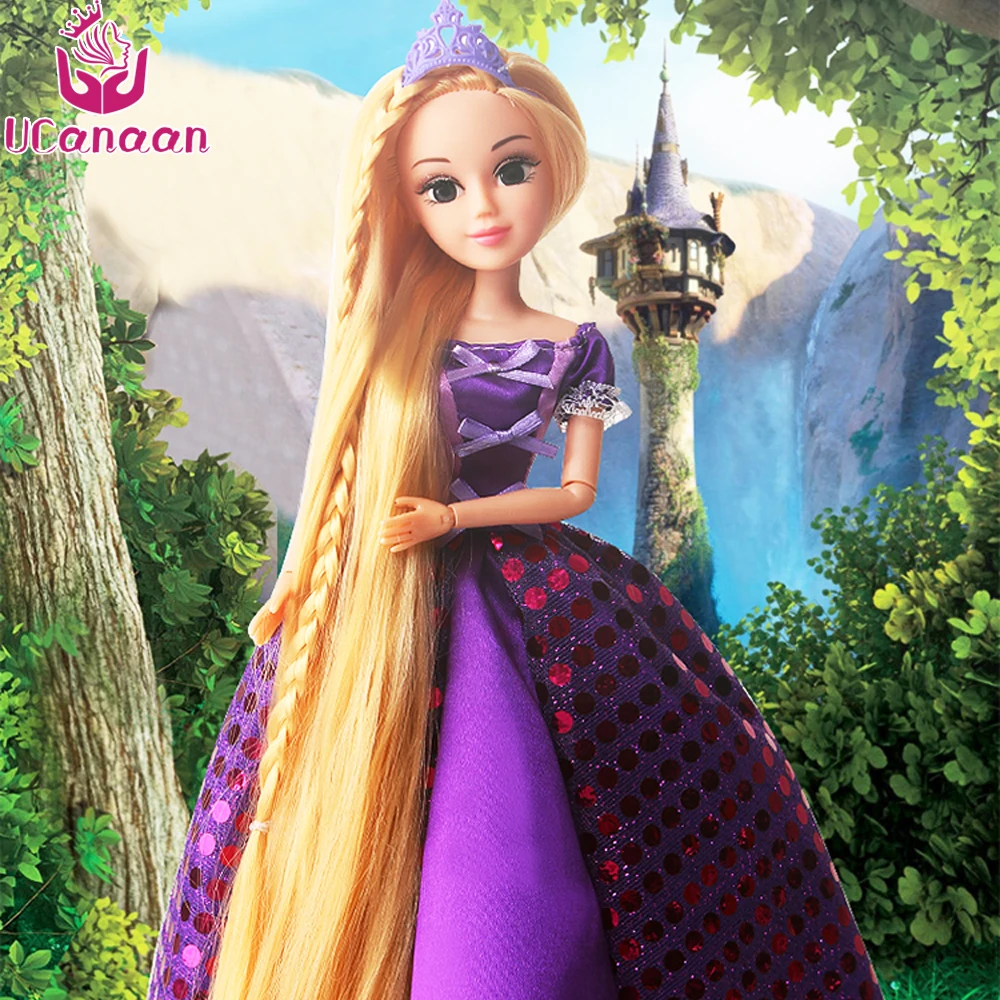 Kaufen UCanaan 30CM Süße Prinzessin Puppen Rapunzel Spielzeug Für Mädchen Gemeinsame Moving Körper Schönheit Dicke Volle Lange Blonde Haar Puppe für Kinder