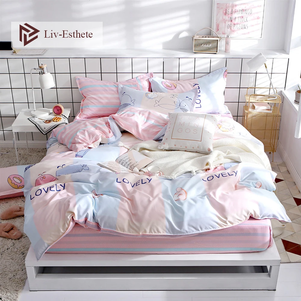 

Liv-Esthete Lovely Whale Cartoon Bedding Set High Quality Soft Duvet Cover Pillowcase Bed Linen Fitted Sheet For Adult Kids Gift