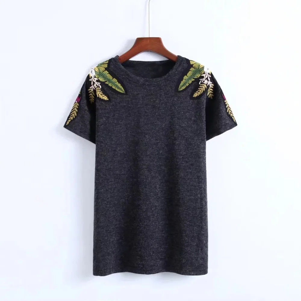 

Summer new European women tops fashion Shoulder embroidered T-shirt Grey loose female casual top mujer