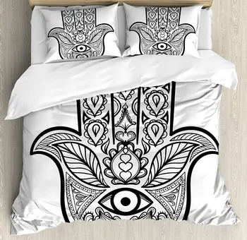 

Mandala Duvet Cover Set Hamsa Hand with Inner Eye Image Evil Eyes Bless You Oriental Eastern Art Print Bedding Set White Black