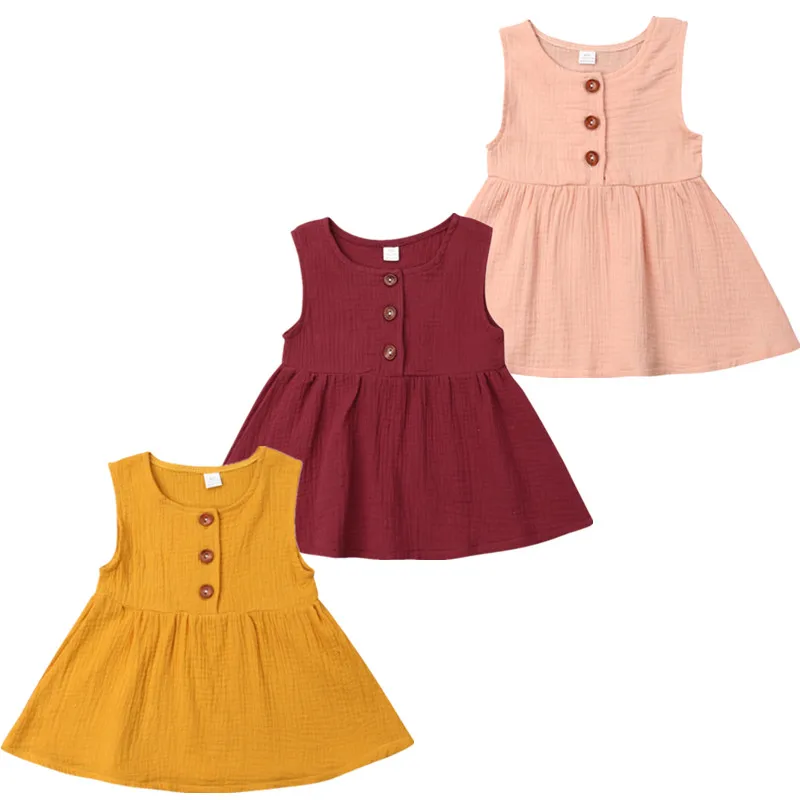 

New Fashion Baby Girls Kids Girls Sleeveless Dress Button Sleeveless Cotton Casual Tank Tops