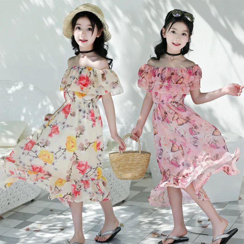 

2018 New Girls Summer Beautiful 4 Color Chiffon Floral Long Style Beach Holiday Dress For School Girls Perform Dress Age 5-14Yrs