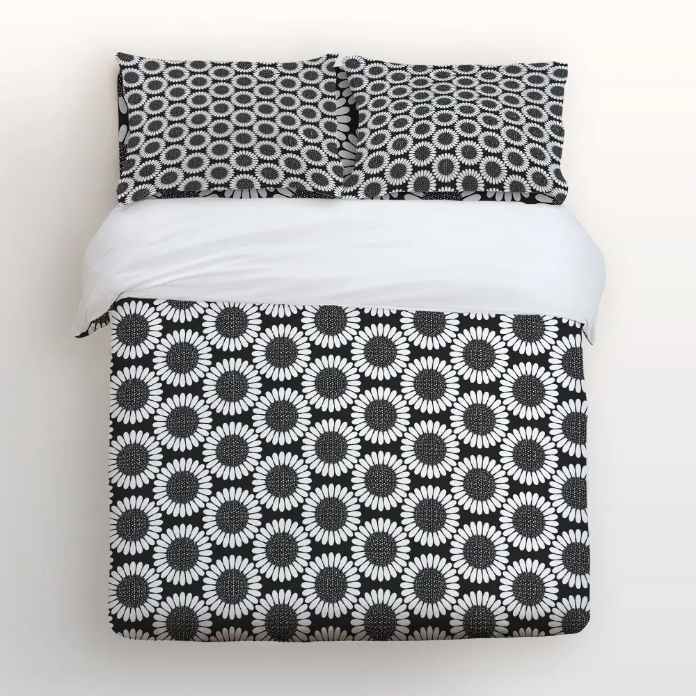 Duvet Cover Set with Zipper Closure Classic Black and White Sunflowers