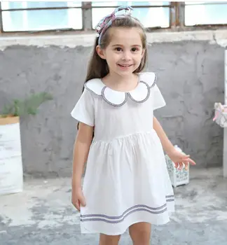 

Children's clothing 2019 summer ins new girls student clothes cotton comfortable petal collar rainbow ribbon princess dress