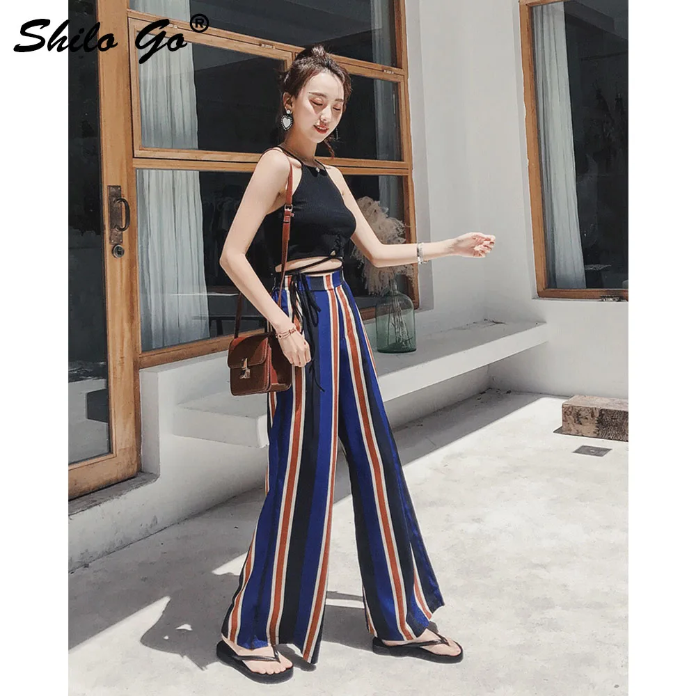 Pantalones Mujer Chic De Amplia Raya Las Capris Playa Casuales Verano Azul Cintura Pierna Mujeres Streetwear Alta Split 55xHrwPZ