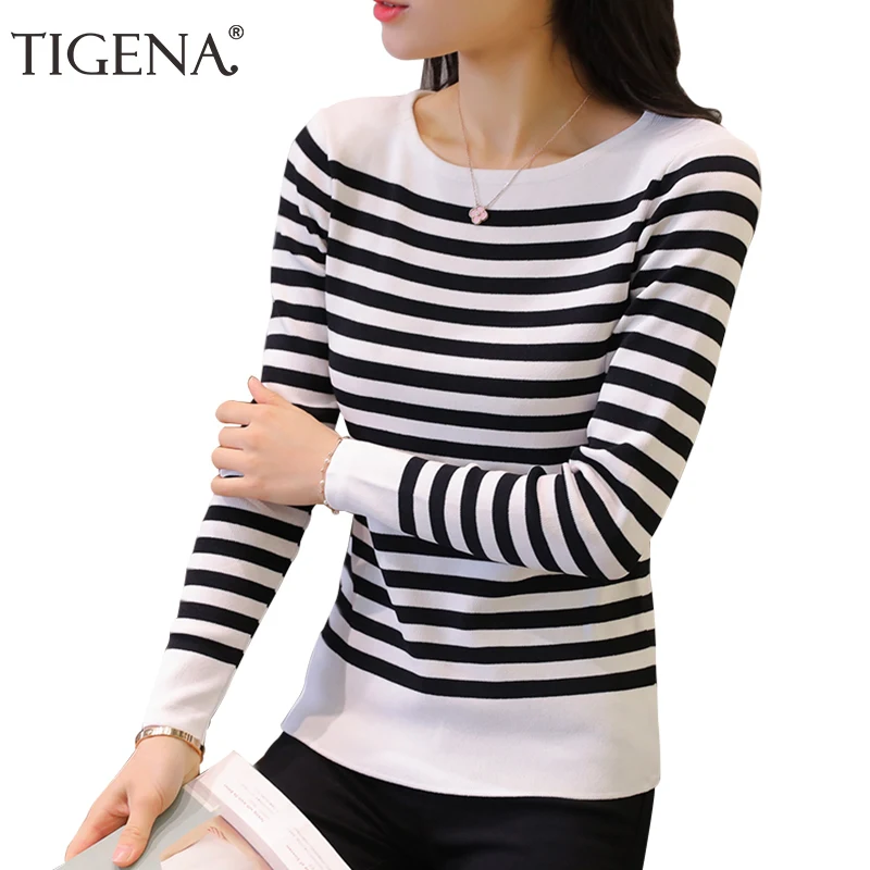TIGENA الأحمر/الأزرق/الأسود مخطط محبوك سترة النساء 2019 الشتاء النساء البلوزات و البلوفرات الإناث التريكو الطائر سحب فام
