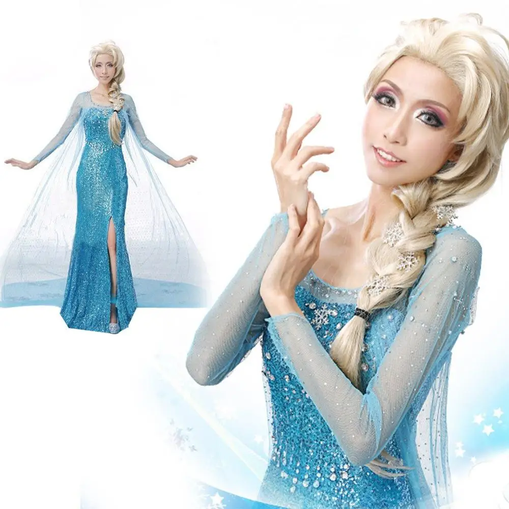 Adult Elsa Princess Dress Queen Anna Costume Princess Elsa Cosplay Costume Female Sexy Halloween Party Dress with Wig