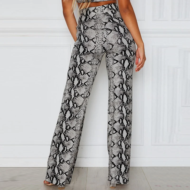 

Women Snake Print High Waist Wide Leg Flared Pants Casual Ladies Skinny Trousers