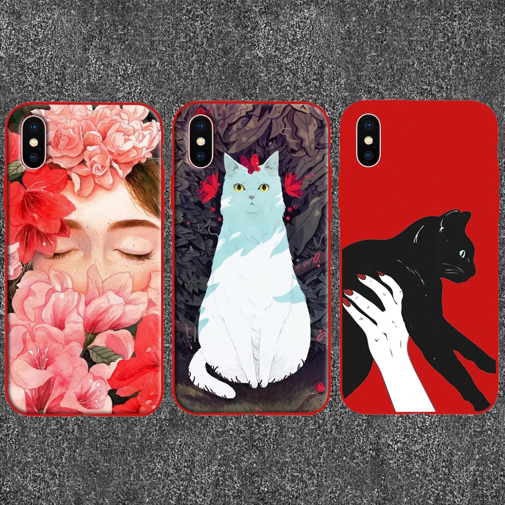 

Ultra Thin Red Soft TPU Case For iphone 7 8 6 6s plus Cute Flower Fairy Cat Phone Cases Back Full Cover for iphone X 5 5S SE