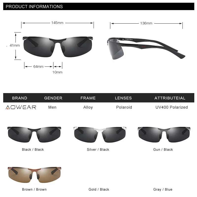 AOWEAR, мужские поляризованные солнцезащитные очки, мужские, алюминиево-магниевые, HD, Полароид, без оправы, солнцезащитные очки для мужчин, для вождения, для спорта на открытом воздухе, оттенки