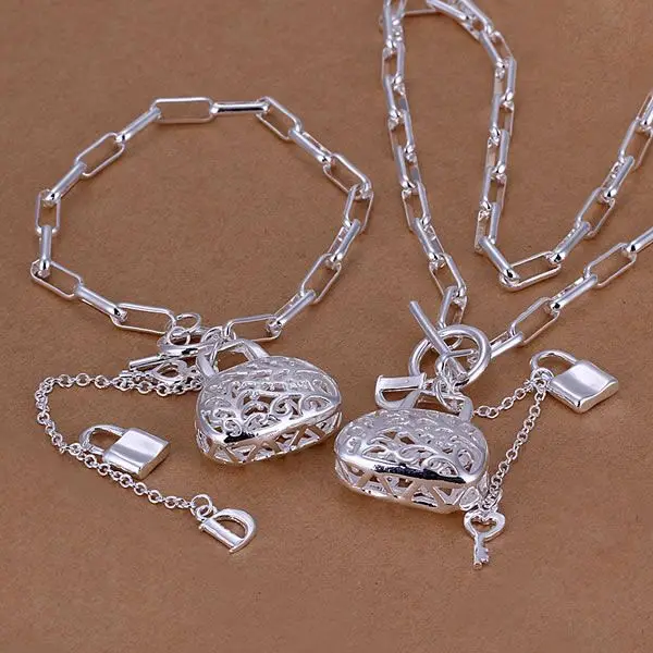

Free Shipping 925 Sterling Silver Jewelry Set Fashion Checkered Chain Charm Bag Lock Pendant Silver Necklace Bracelet SMTS006