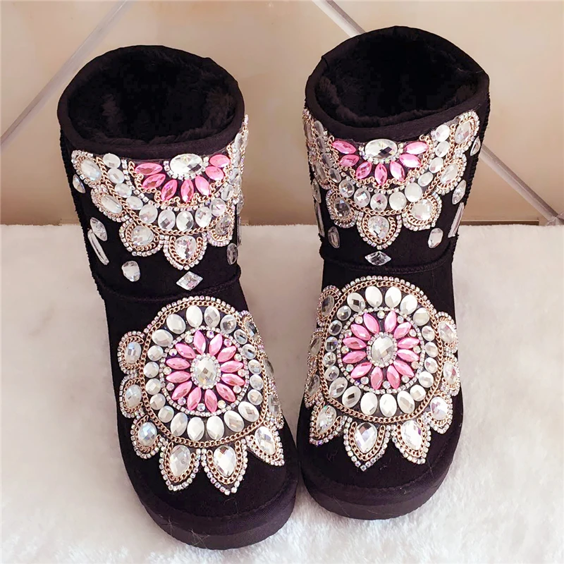 

Vintage rhinestone boots High-end handmade crystal flats ankle boots 2018 autumn winter Keep warm snow boots free shipping new