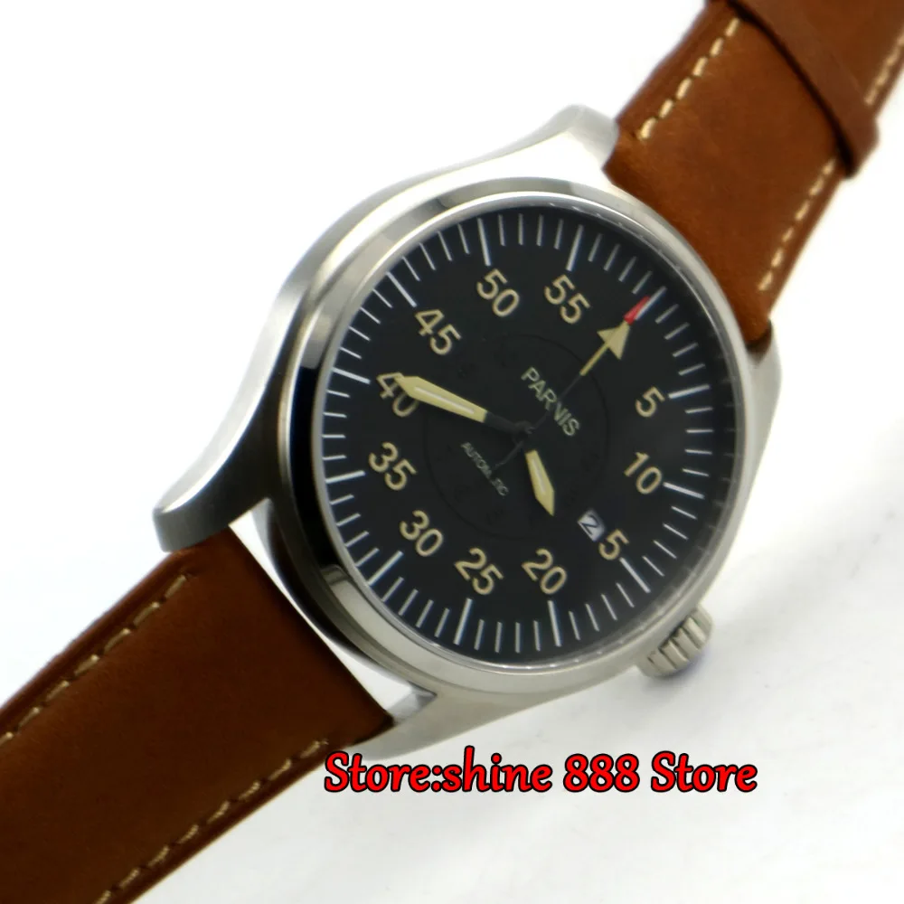 

New 44mm Parnis Watch Men Automatic Mechanical Wristwatch Stainless Steel Case Black Dial Luminous Number Military Men's Watch