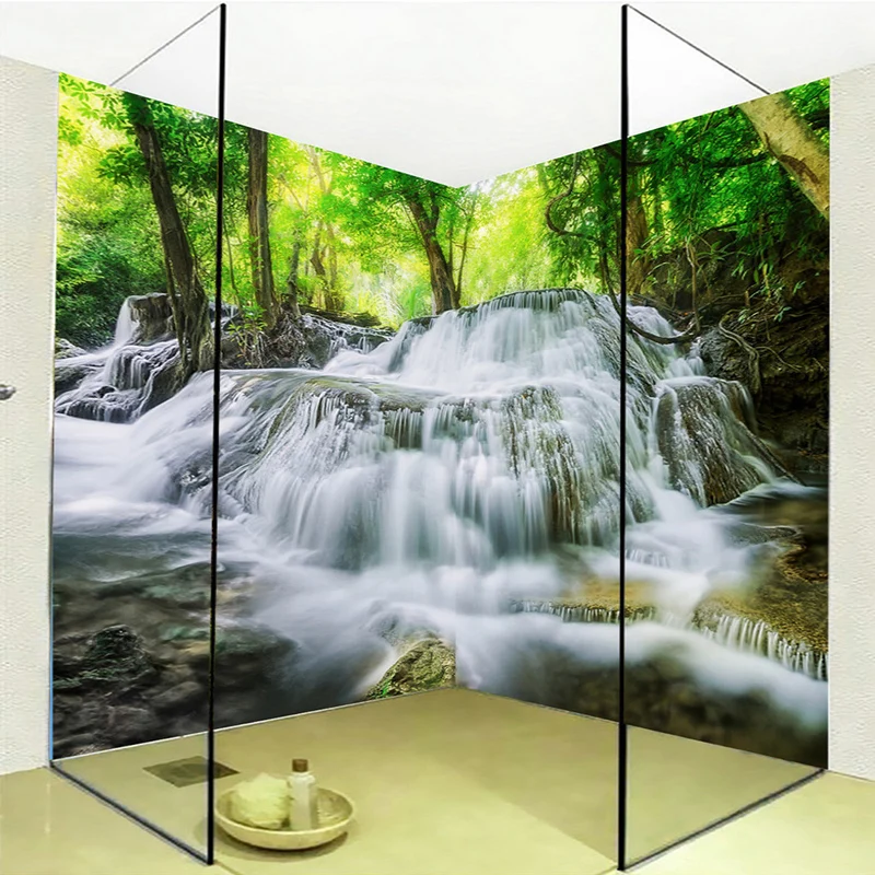 Custom Self adhesive Bathroom Mural Wallpaper 3D Waterfalls Forest