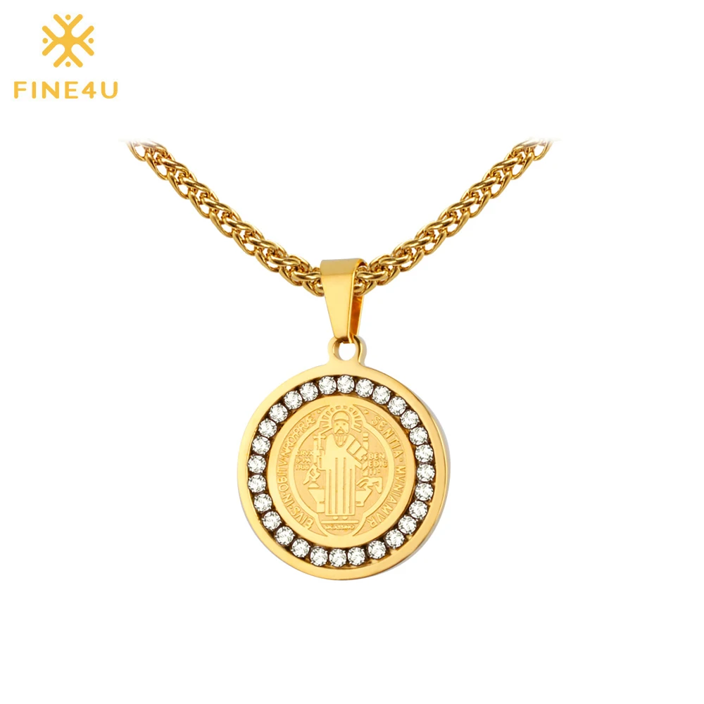 

FINE4U N066 San Benito Holy Pendant Necklace For Men Women 316L Stainless Steel Chain Necklaces Cubic Zirconia Religious Jewelry