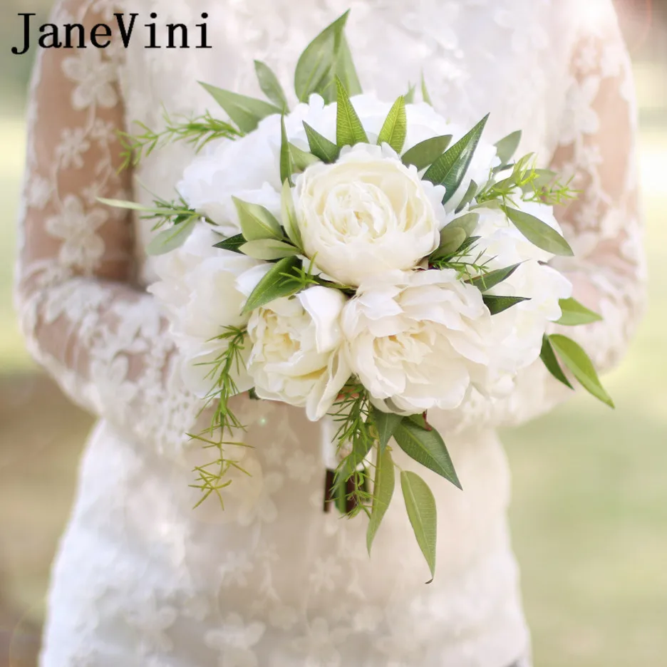 JaneVini цвета слоновой кости подвенечное пион букет искусственных цветов Rose корсаж бутоньерки зеленые листья Букеты Свадебные