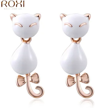 2017 ROXI Charms Lucky Cat Stud Earrings Rhinestone Fashion Jewelry Earrings Rose/White Gold  Romantic Party Jewelry Earrings
