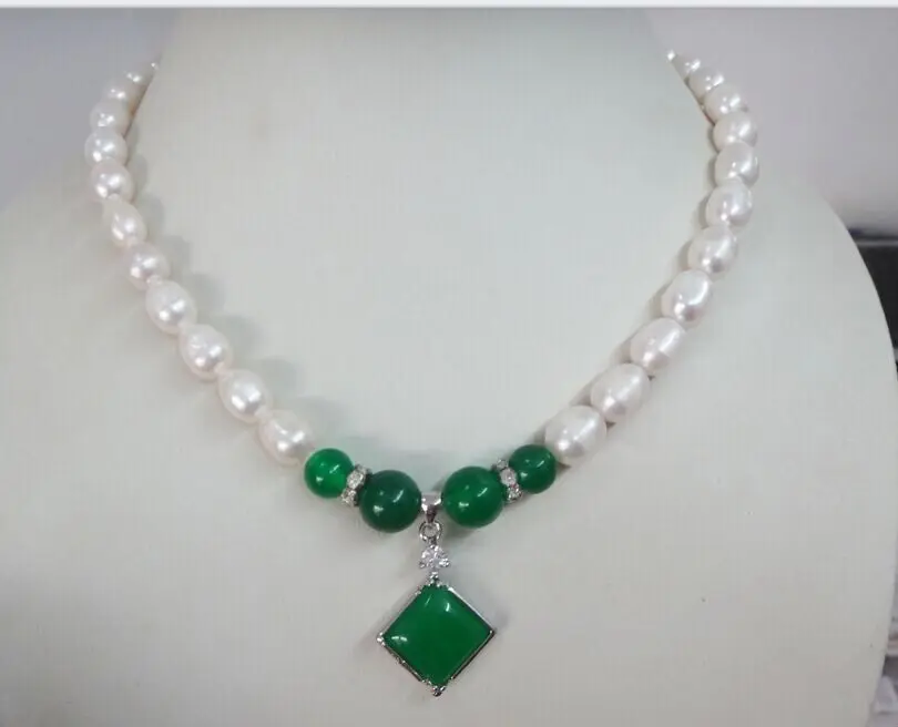 

huij 003835 18"9-11MM south sea Genuine White Pearl Necklace green jade square pendant