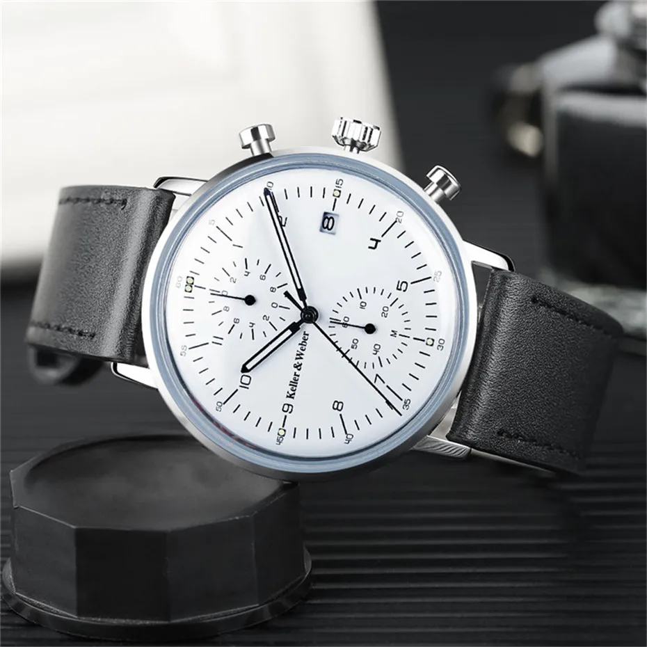 Business Classic Calendar Genuine Leather Band Strap Men Chronograph Date Display Brief Paragraph Wrist Watch (2)