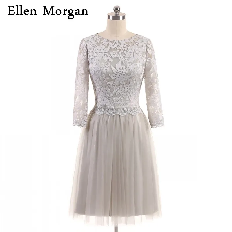 Korte Zilveren Moeder van de Bruid Bruidegom Lace Jurken voor Wedding Party Jurken 3/4 Lange Mouwen Tulle Knielengte Real foto's 2019 Korte Zilveren Moeder van de Bruid Bruidegom Lace Jurken voor Wedding Party Jurken 3/4 Lange Mouwen Tulle Knielengte Real foto's 2019