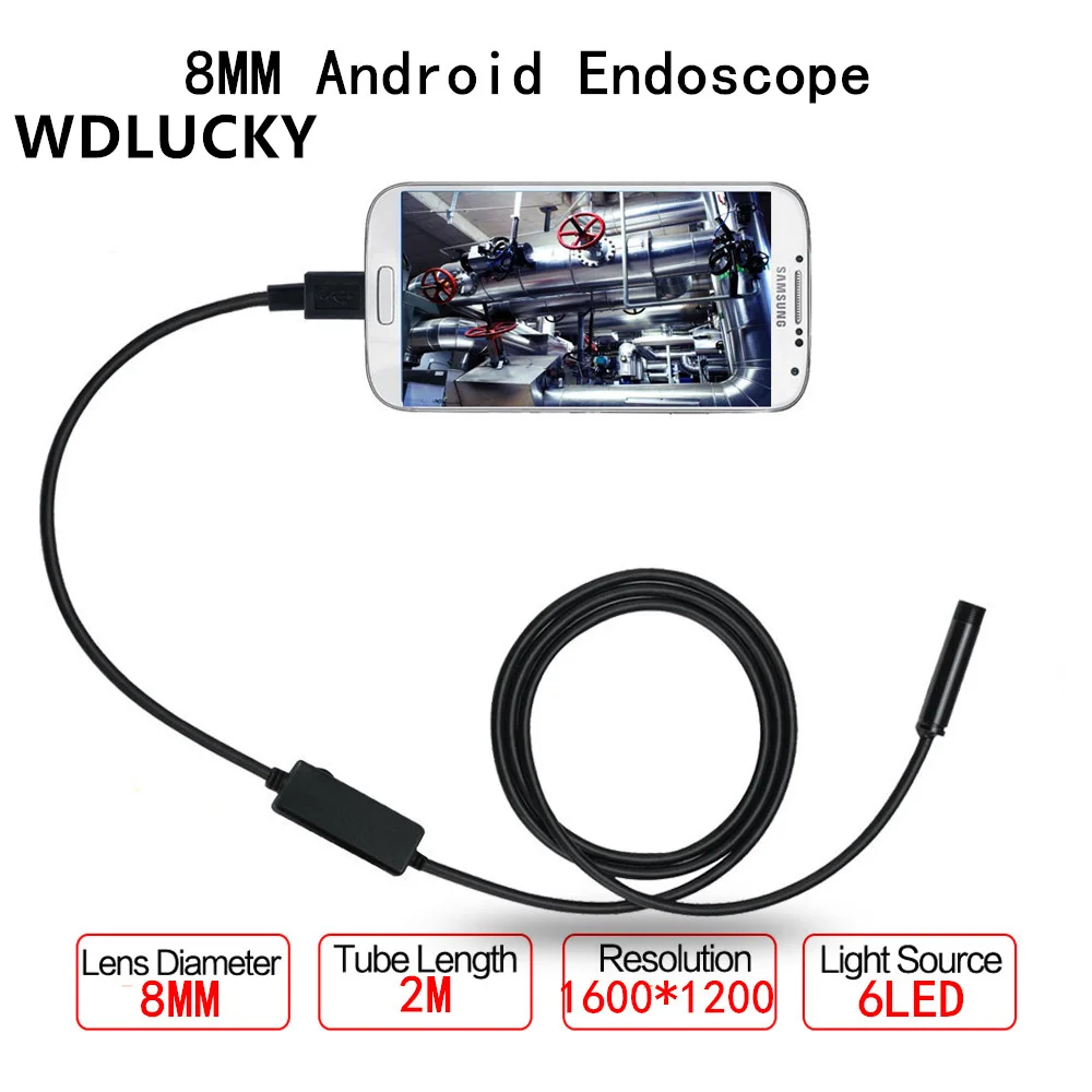 HD 720P Android Endoscope USB Inspection Camera 8MM 2MDia 6LED