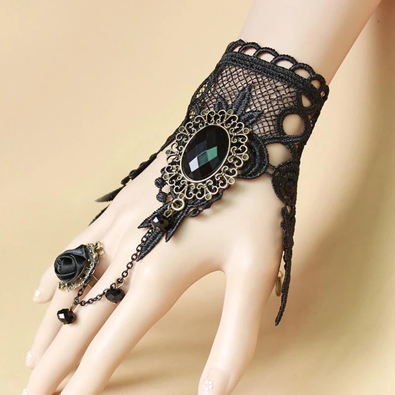 Women Handmade Black Rhinestone Drop Lace Arm Bangle Bracelet Gothic & Vintage Fashion Jewelry