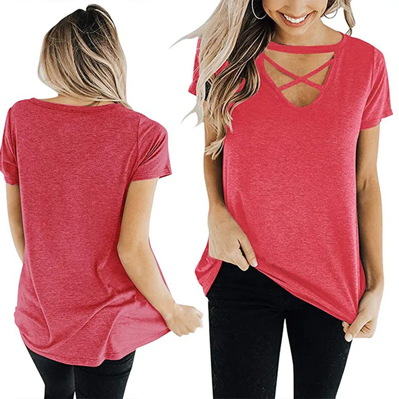 

Newly Womens Short Sleeve V-Neck Criss Cross Choker Loose Fitted Tops T-Shirts for Summer