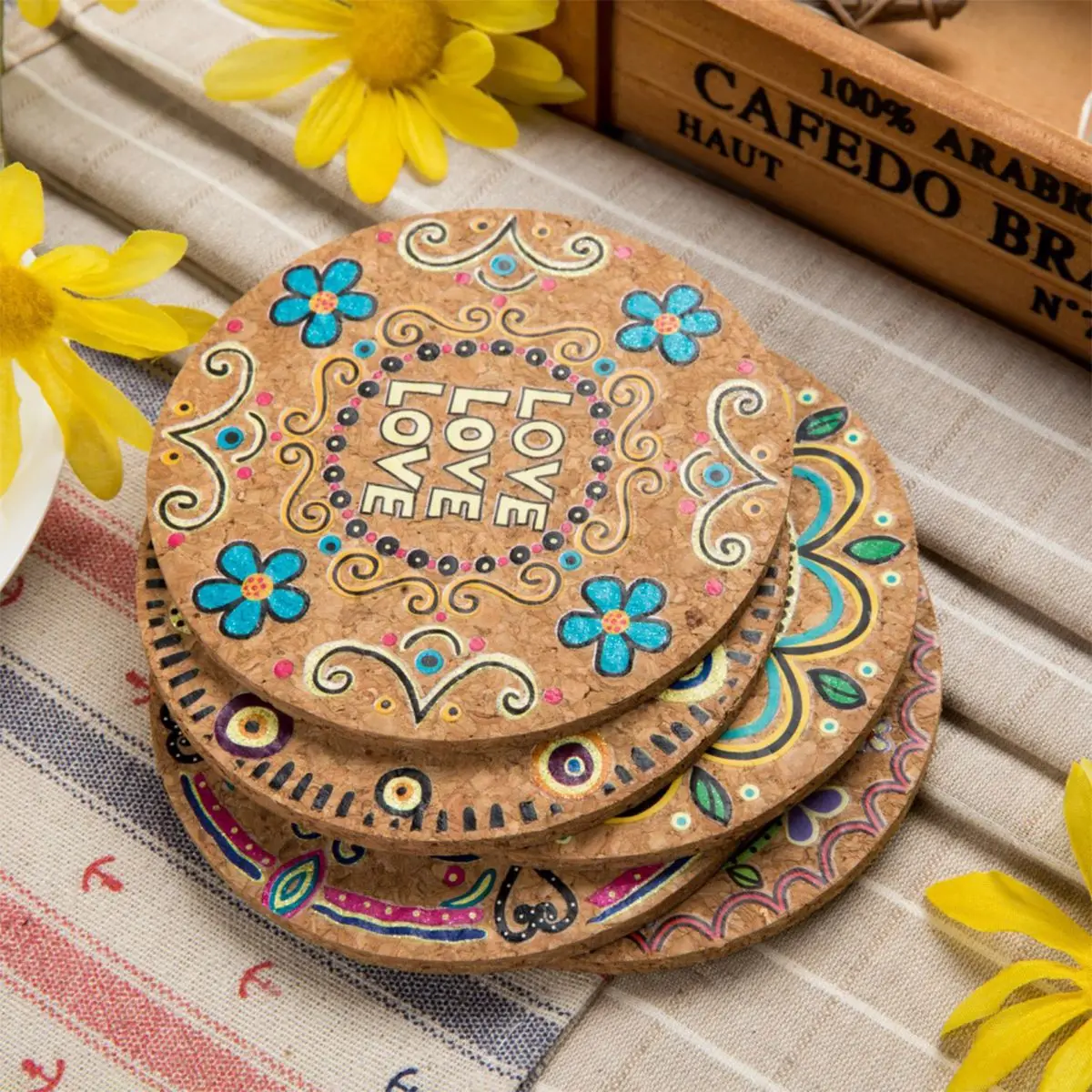 

4pcs Round Natural Cork Cup Coasters Drink Coasters Heat Insulation For Coffee Table Tabletop Protection Tableware Mats Pads