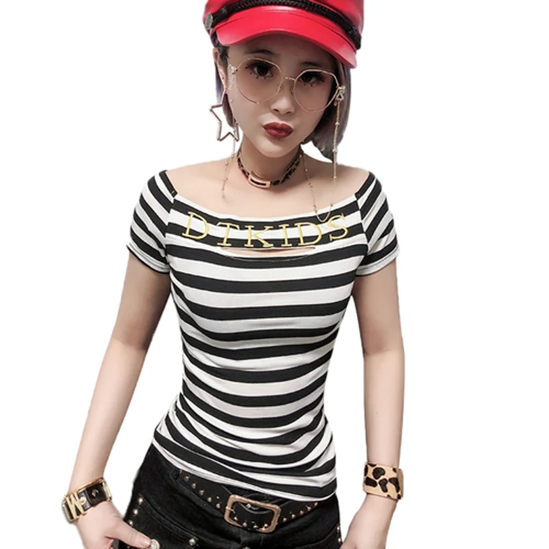 

2019 Women Summer Off Shoulder Top Letter T-shirt Women T shirt Sexy Slash neck Embroidery Cotton Short Sleeve Tee Shirt Femme