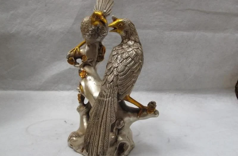

11" White Copper Silver Gilt propitious pied magpie Bird Play Plum flower Statue