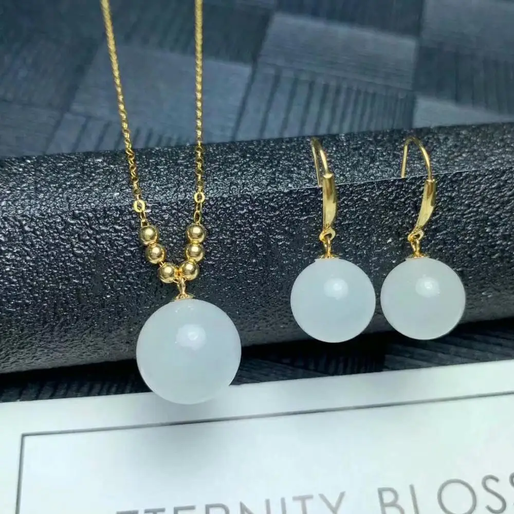 

shilovem 18k yellow gold white jade pendants stud earrings fine Jewelry women party new none necklace gift mymtz12121010
