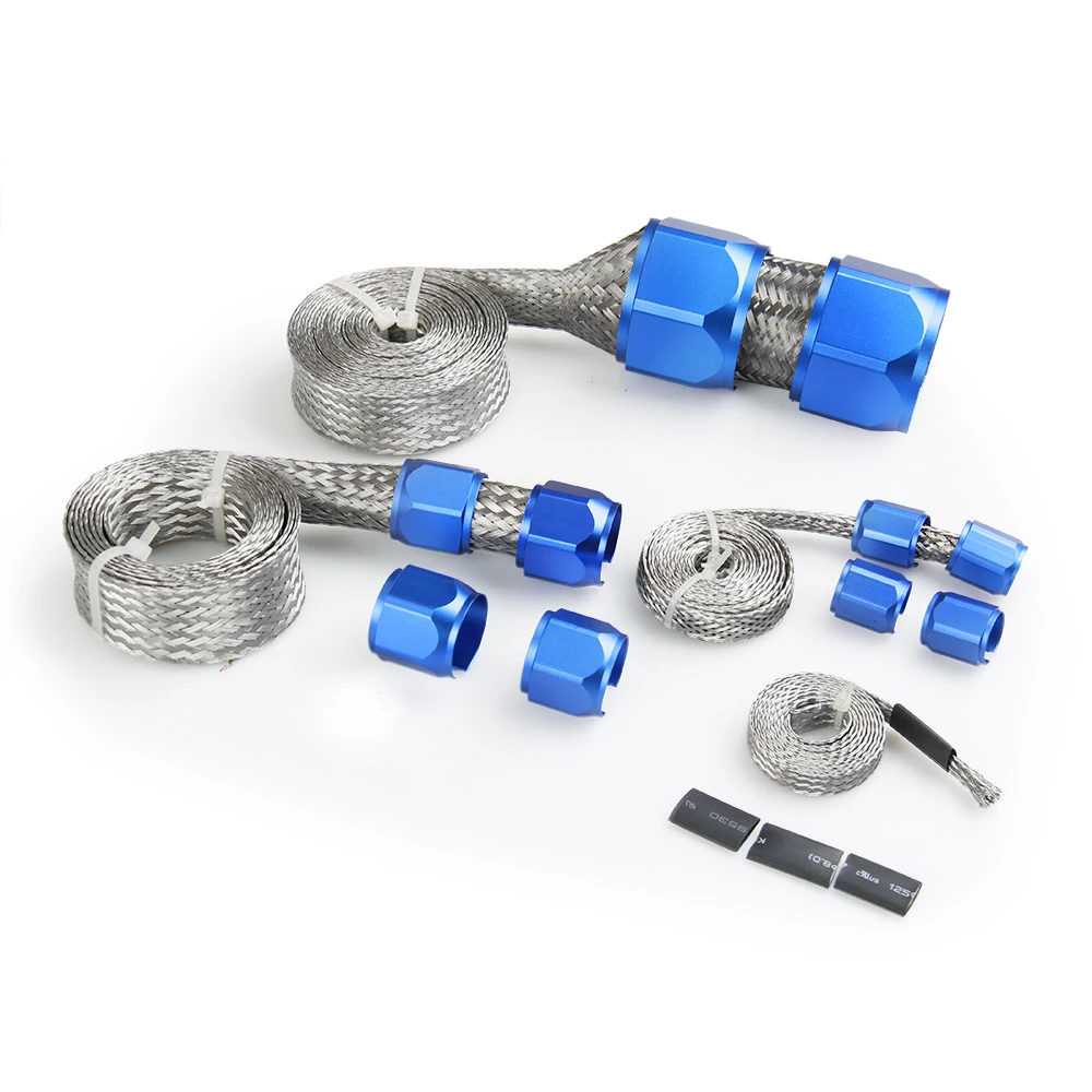 Braided Stainless Hose & Wire Sleeve Cover Kit Inc blue Aluminium Clamp Covers