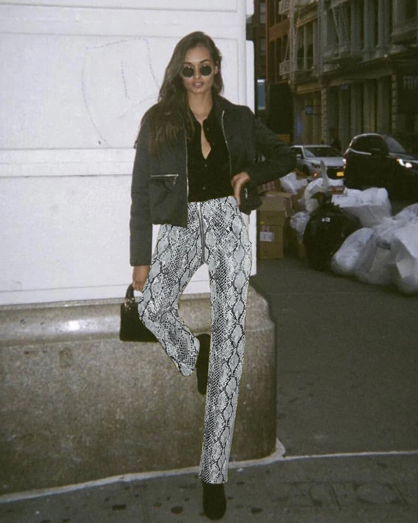 OOTN Zipper Snake Print Pants Women PU Leather Pants High Waist Pencil Trousers Skinny Pantalon Femme Streetwear 2019 New Gray (5)