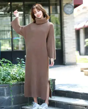 

2019 autumn/winter new fashion long-sleeved knit dress ladies casual knee-length black dress