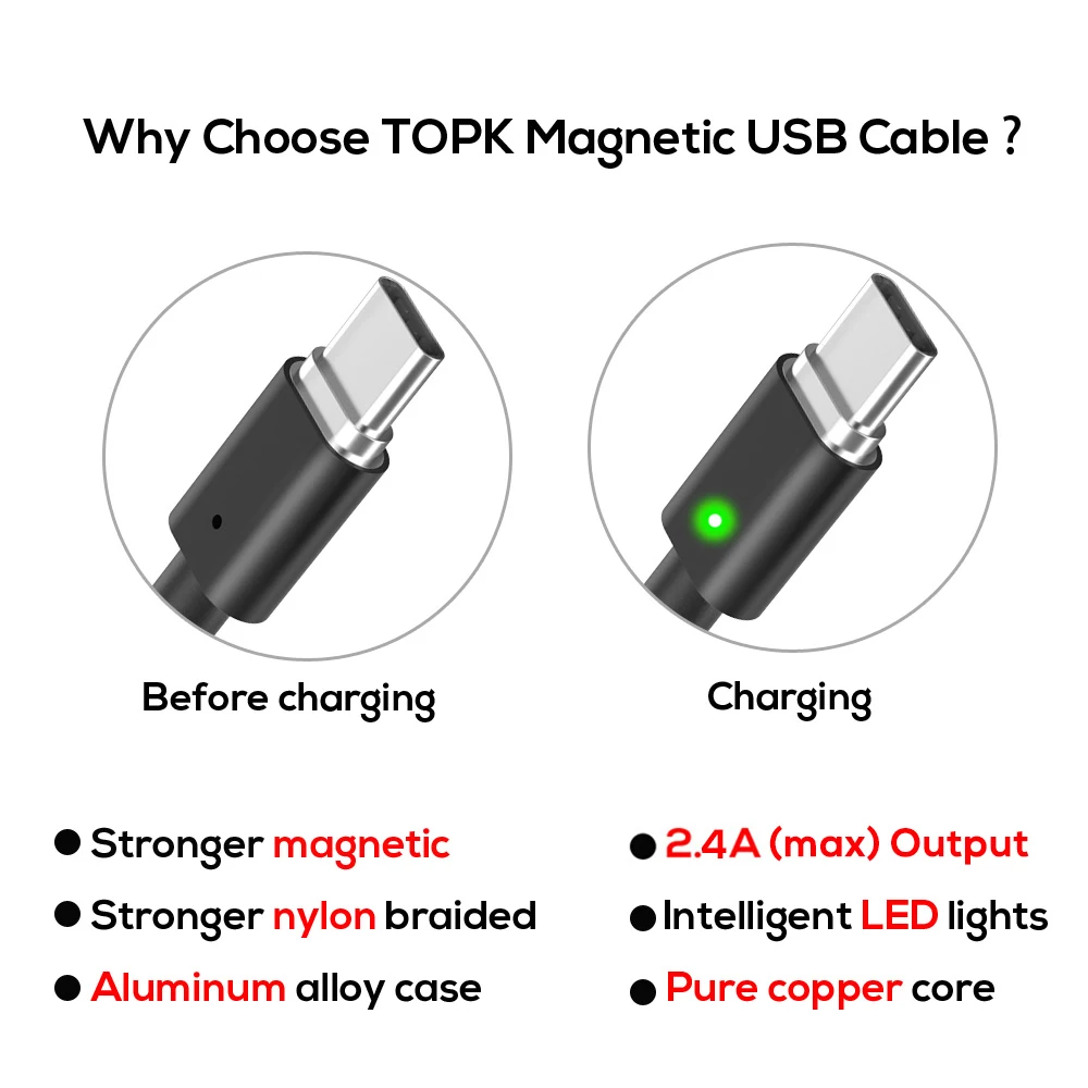 TOPK Magnetic Cable LED Indicator USB Type C Cable& Micro USB Cable Adapter Nylon Braided Data Sync Magnet Charger Cable