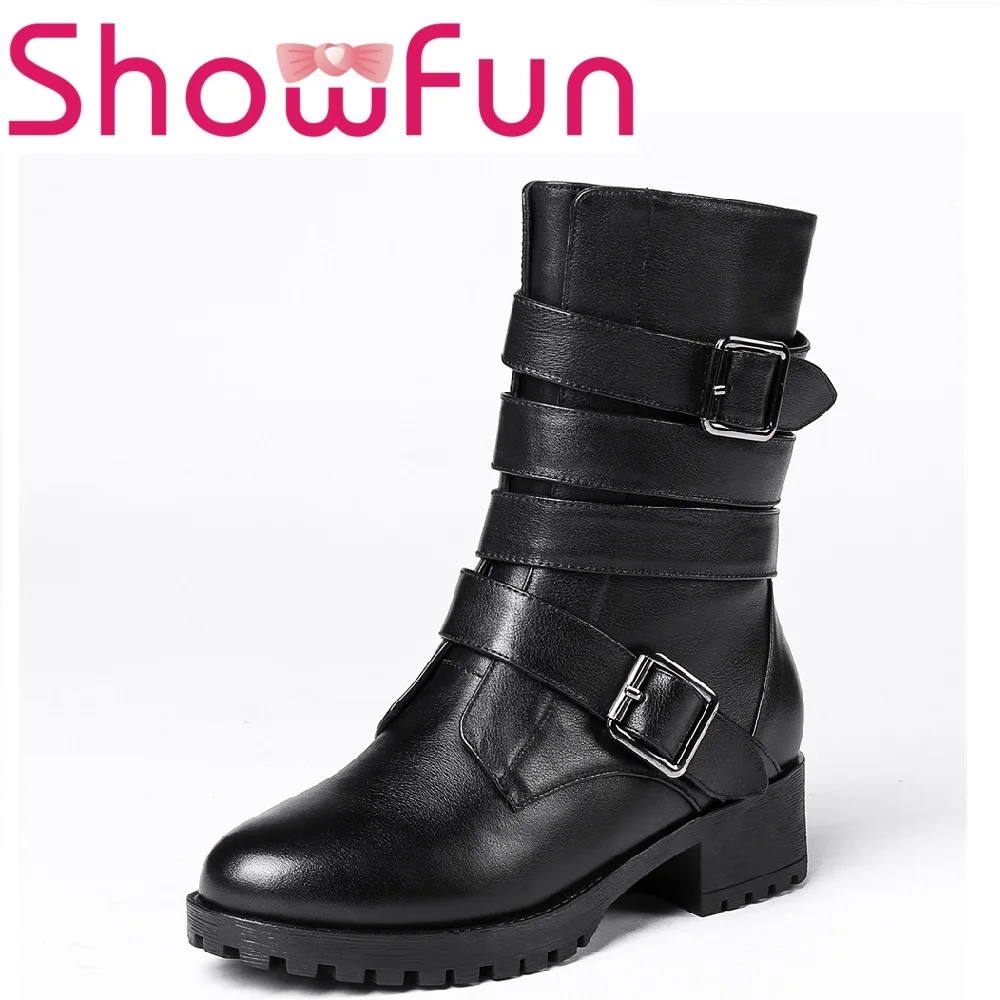 

Showfun genuine leather shoes woman winter solid mid-calf round toe zipper short plush square heel boots