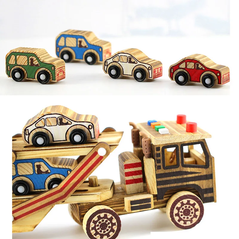  Wooden Double Deck Flat-bed Truck Model Toys Kids Children Boys Foldable Car Transport Vehicle Toy Decoration Brithday Gifts 