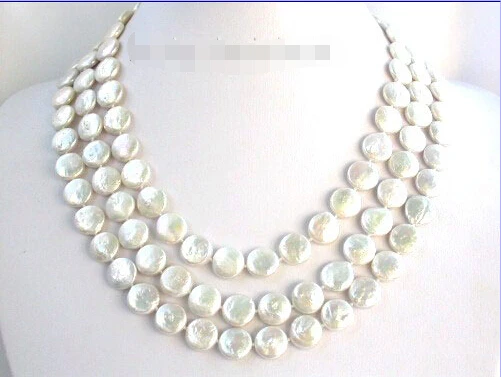 

FREE shipping>>>>3row 12mm coin round white cultured pearls necklace 6.07