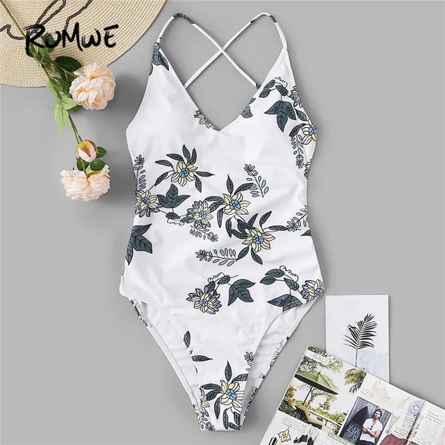 {Excellent|Wonderfull|Very Good|Very Recommended} Romwe Sport White Floral Swimwear Criss Cross Backless One Piece Swimsuit Women Summer Vacation Beachwear Wireless Bathing Suits Limited Price