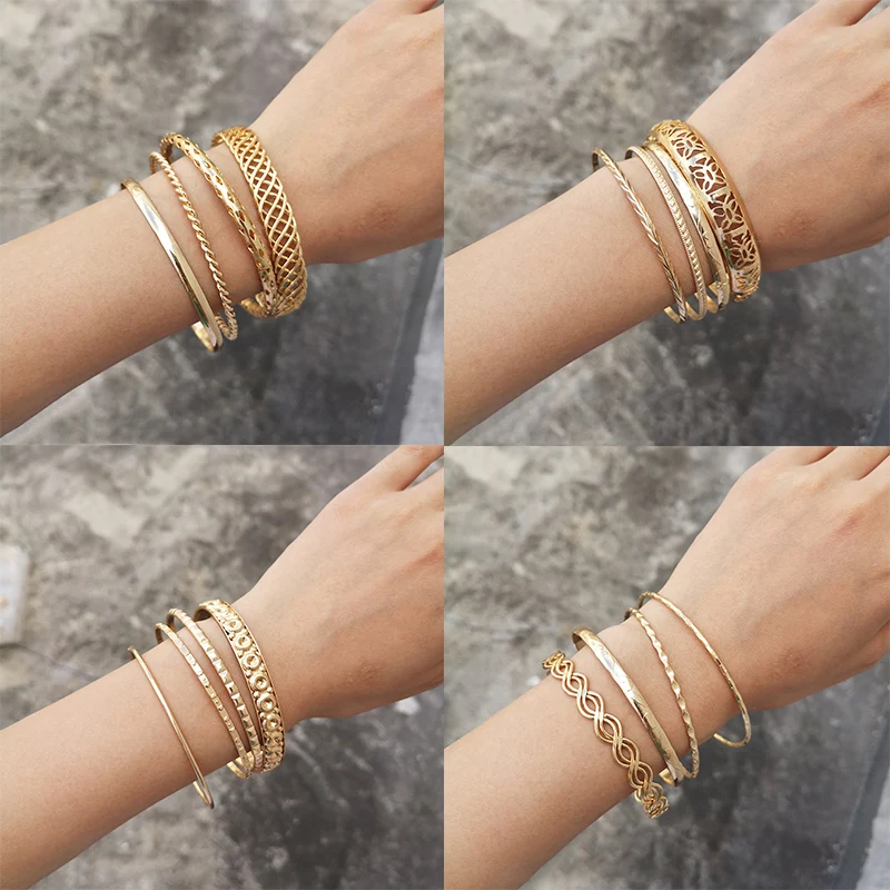 

Rinhoo 1Set Simple Vintage Gold Rose Gold Alloy Embossing Hollow Bangle & Bracelet For Women's Fashion Jewelry Gift