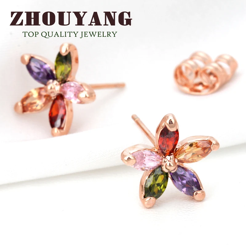 ZHOUYANG ZYE007 разноцветные зимние серьги гвоздики цвета розового золота с